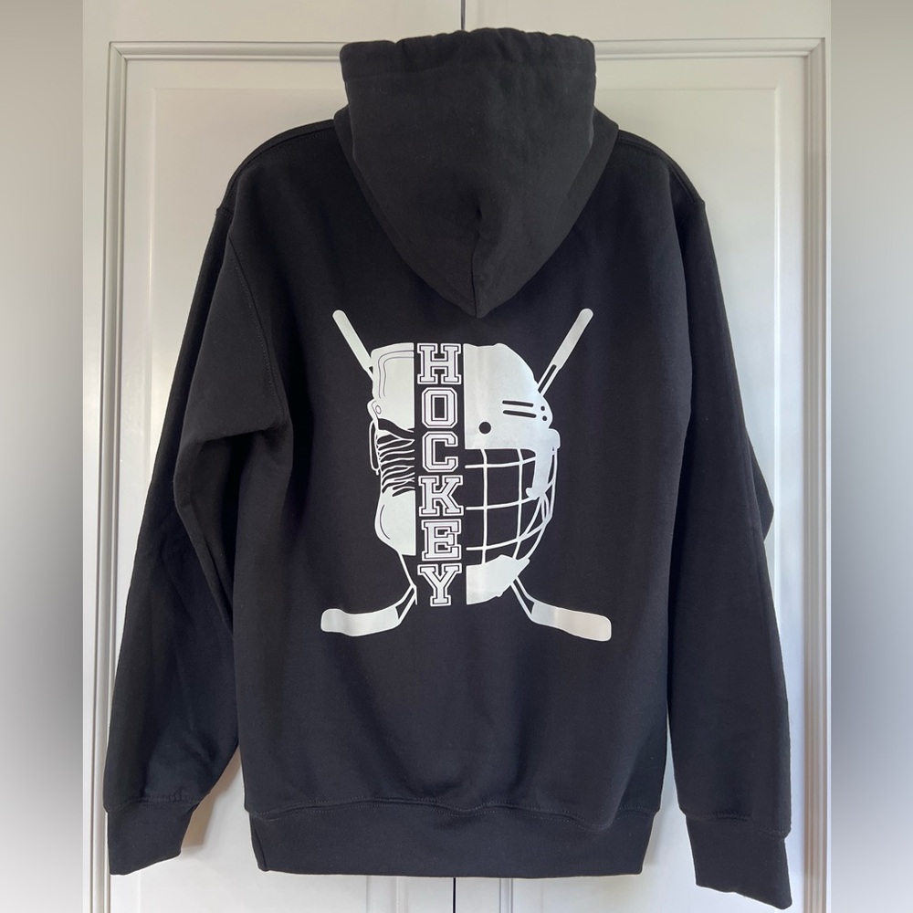 Black Hockey Sweatshirt With White Helmet On Back Size Small Women’s